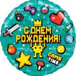 K Шар (18''/46 см) Круг, Game Time, Пиксели, 1 шт. в упак.